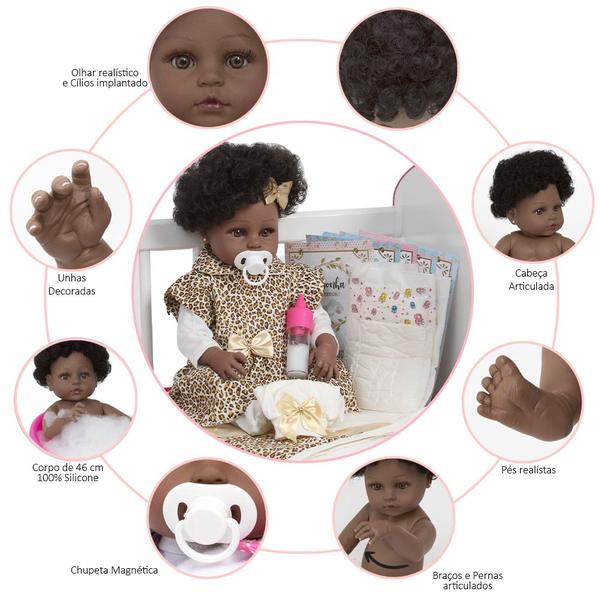 Imagem de Boneca Reborn Negra 100% Vinil Siliconado Roupa De Oncinha