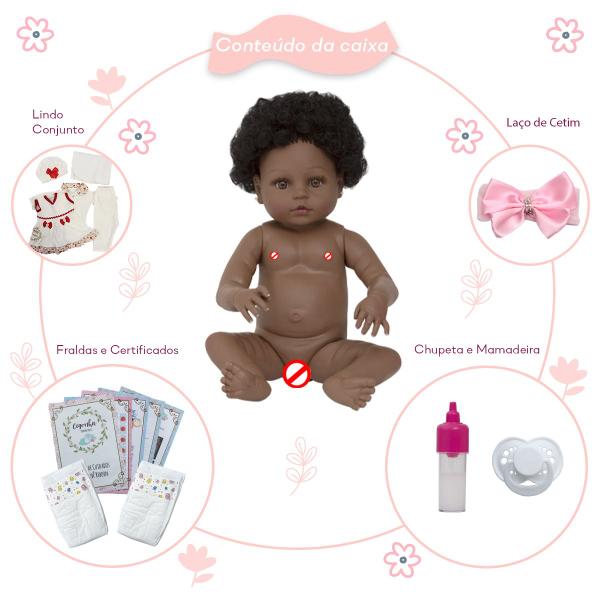 Boneca Reborn Negra Cabelo Cacheado Completa Lindos Itens - Cegonha Reborn Dolls Imagem de Boneca Reborn Negra Cabelo Cacheado Completa Lindos Itens