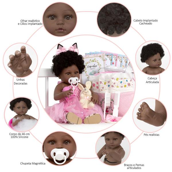 Boneca Reborn Negra Coelhinha Corpo 100% de Vinil 22 Itens - Cegonha Reborn Dolls Imagem de Boneca Reborn Negra Coelhinha Corpo 100% de Vinil 22 Itens