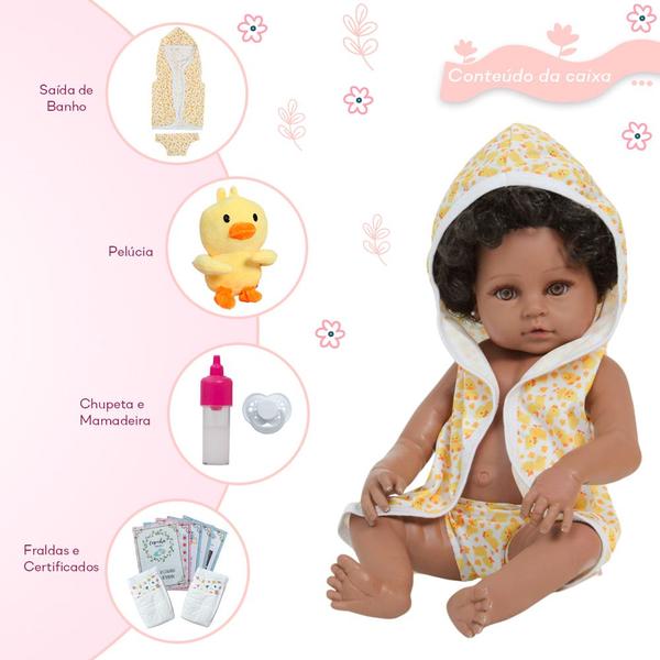 Imagem de Boneca Reborn Negra Com Saída de Banho Patinho + Kit Itens