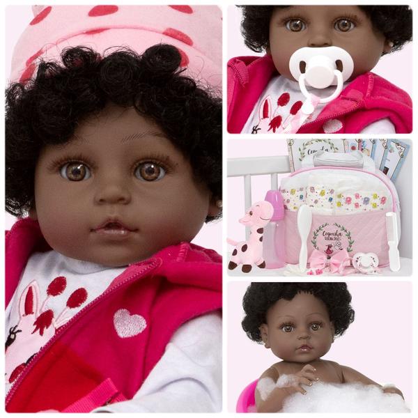 Boneca Reborn Negra Girafa 100% Silicone Com Bolsa 22 Itens - Cegonha Reborn Dolls Imagem de Boneca Reborn Negra Girafa 100% Silicone Com Bolsa 22 Itens