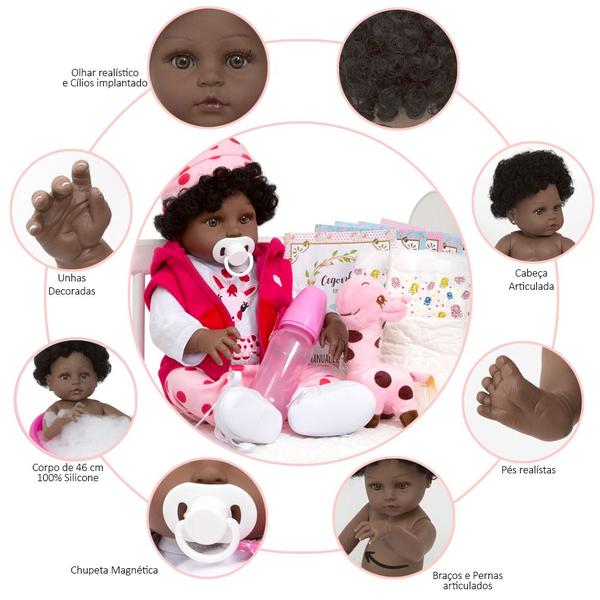 Boneca Reborn Negra Girafinha Cabelo Cacheado Com Acessórios - Cegonha Reborn Dolls Imagem de Boneca Reborn Negra Girafinha Cabelo Cacheado Com Acessórios