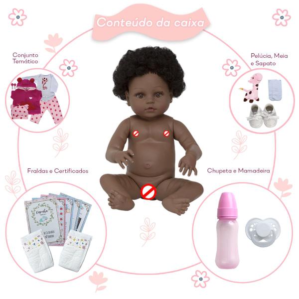 Boneca Reborn Negra Girafinha Cabelo Cacheado Com Acessórios - Cegonha Reborn Dolls Imagem de Boneca Reborn Negra Girafinha Cabelo Cacheado Com Acessórios