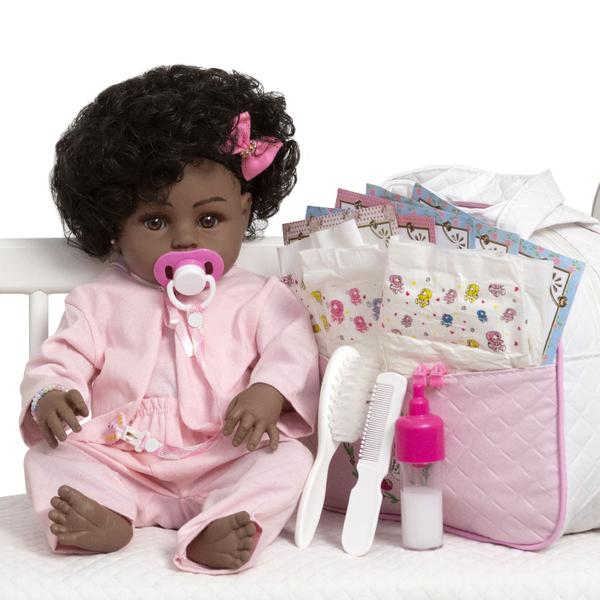 Imagem de Boneca Reborn Negra Princesa Pode Dar Banho Kit 21 Itens