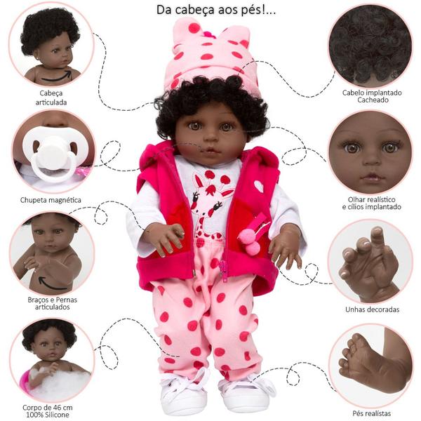 Imagem de Boneca Reborn Negra Roupa Girafinha 46cm Enxoval Completo