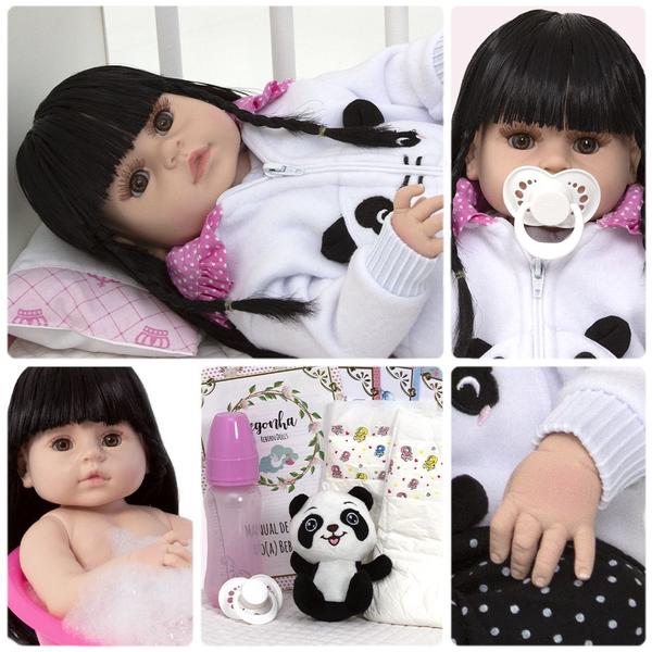 Imagem de Boneca Reborn Panda Corpo de Silicone 13 Acessórios Morena