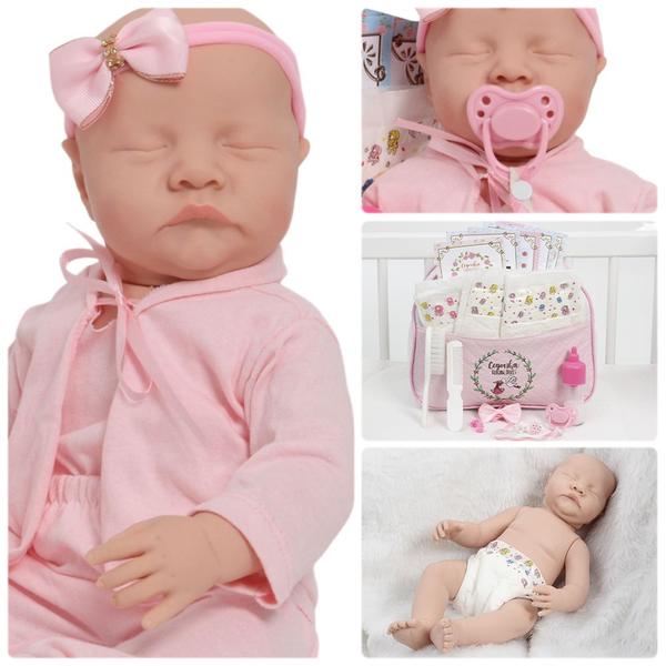 Imagem de Boneca Reborn Princesa Carequinha Olho Fechado Pijama Rosa