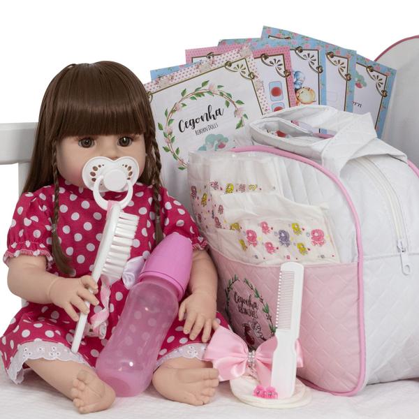 Imagem de Boneca Reborn Real Gatinha Vestido de Bolinha Bolsa 20 Itens