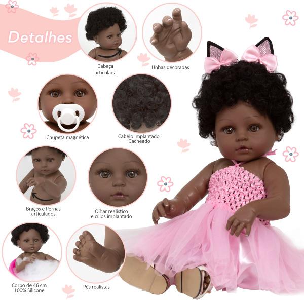 Imagem de Boneca Reborn Realista Bailarina Negra Enxoval Luxo 25 Itens