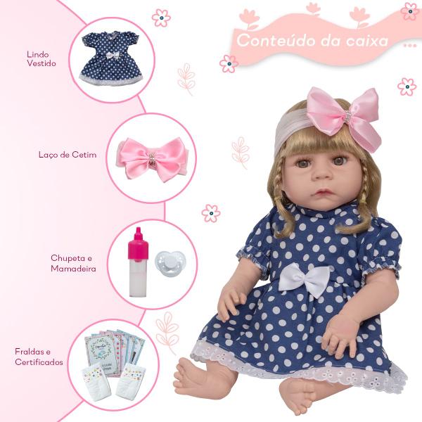 Imagem de Boneca Reborn Realista Loira Vestido Bolinha Vários Itens