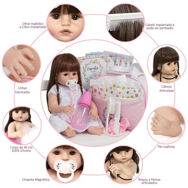 Imagem de Boneca Reborn Recém Nascida Baby Gatinha Bolsa 20 Acessórios