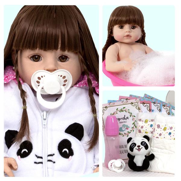 Imagem de Boneca Reborn Silicone Bebê Panda Linda Com Kit Acessórios