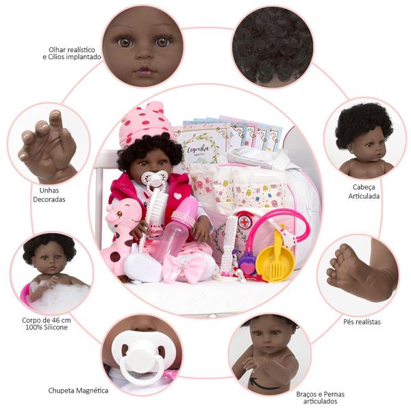 Imagem de Boneca Reborn Silicone Recém Nascida Girafinha Negra Bolsa