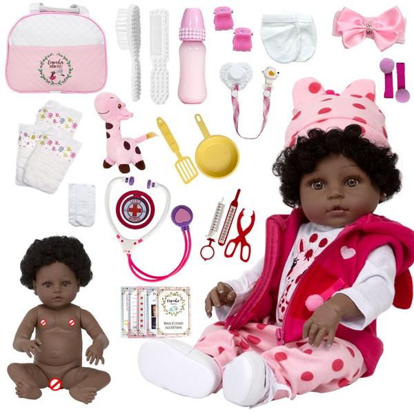 Imagem de Boneca Reborn Silicone Recém Nascida Girafinha Negra Bolsa