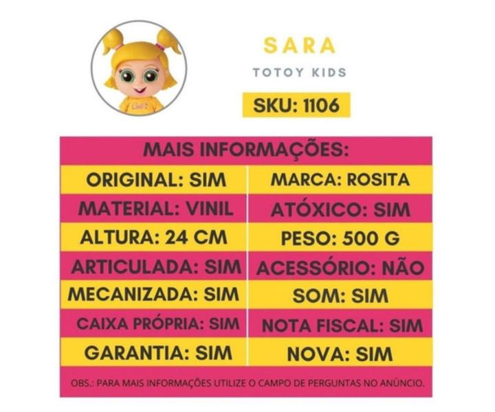 Imagem de Boneca Sara Musical TotoyKids Youtuber Original Rosita