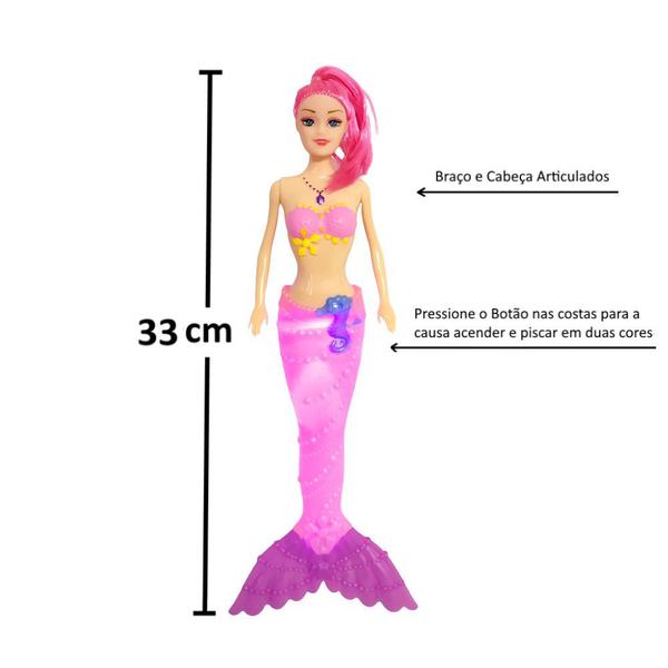 Imagem de Boneca Sereia 33cm com Cauda Bicolor Iluminada com Acessórios do Mar Kit 3 Bonecas