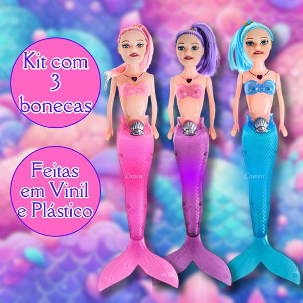 Imagem de Boneca Sereia Com Luz Na Cauda Kit Com 3 Barbie Amy Bonequinhas Menina 28cm Infantil Art Brink