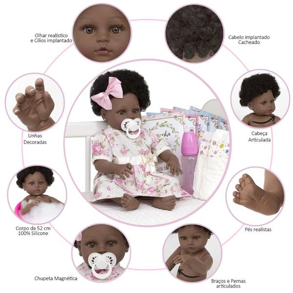 Imagem de Boneca Tipo Reborn Menina Laura Negra Cabelo Cacheado Linda