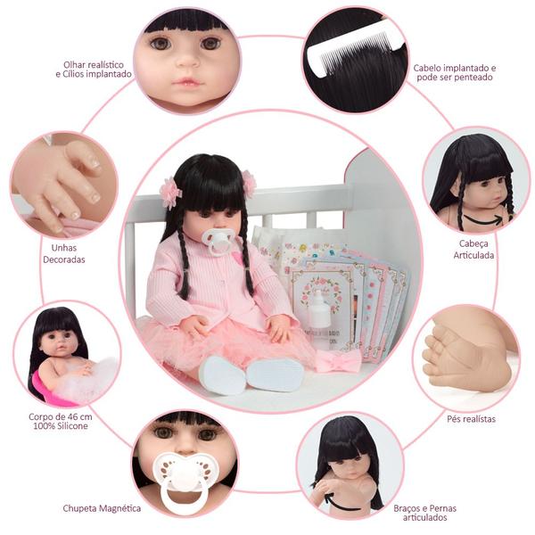 Imagem de Boneca Tipo Reborn Princesa Enxoval 13 Itens Vestido Rosa