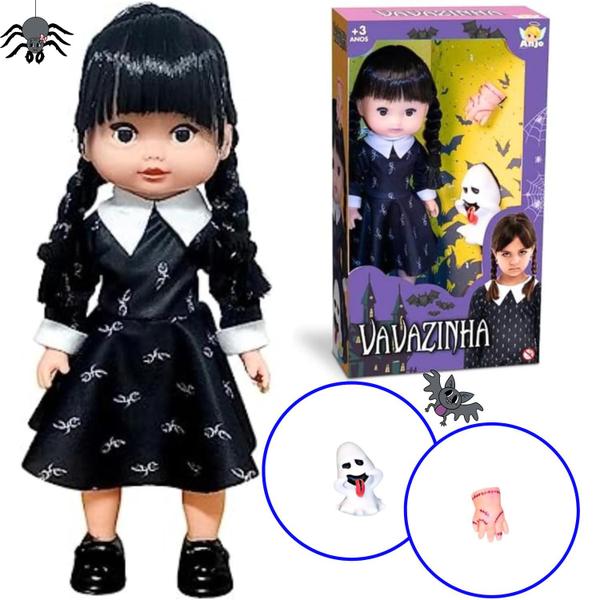 Imagem de Boneca Vavazinha Wandinha Addams Vandinha Brinquedo Dia das Crianças Bruxas Festa Fantasia Baile para Meninas com Mãozinha e Fantasminha 