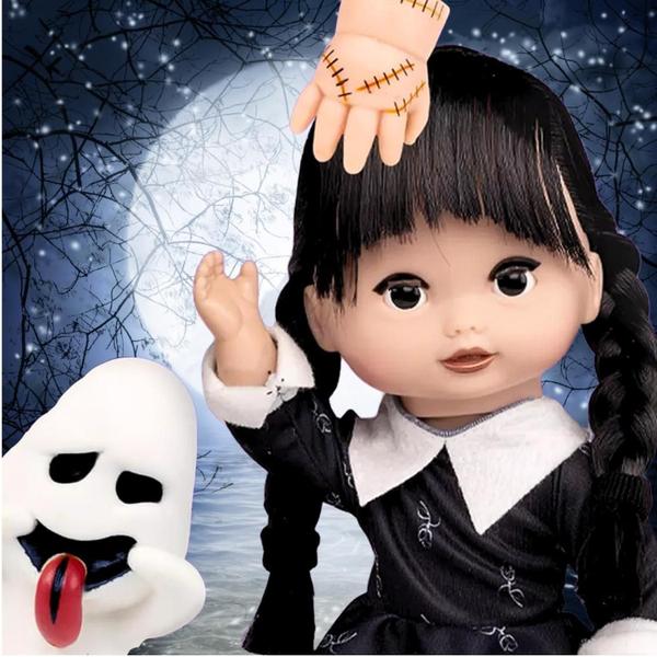 Imagem de Boneca Vavazinha Wandinha Addams Vandinha Brinquedo Dia das Crianças Bruxas Festa Fantasia Baile para Meninas com Mãozinha e Fantasminha 