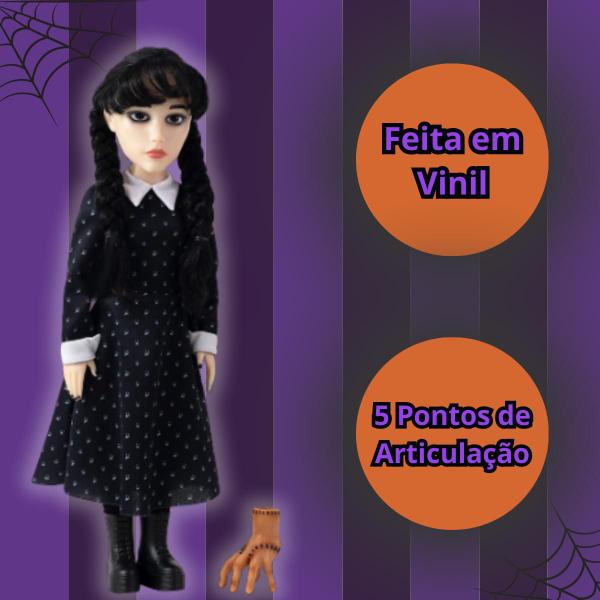 Imagem de Boneca Wandinha Addams Original 44cm + Mãozinha Articulada Em Vinil Infantil Vandinha Novabrink Brinquedo