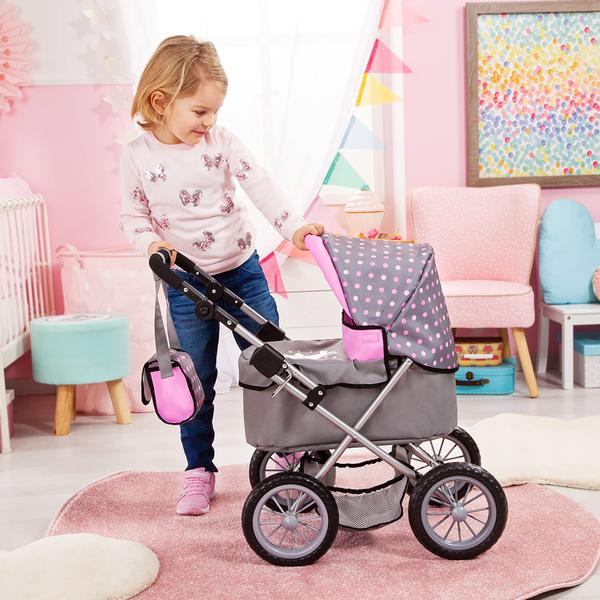 Imagem de Bonecas Pram Bayer Design com pontos cinza/rosa modernos para bonecas de até 18 anos