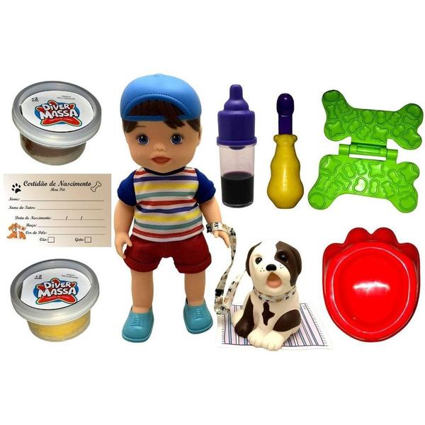 Imagem de Boneco Baby Bebê Criança Menino Moreno Moderno My Pet Cachorro Brinquedo Bulldog Inglês - Divertoys