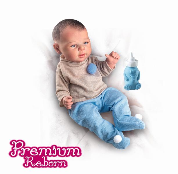 Boneco Bebê Reborn Principe Azul Moreno com Mamadeira - Milk Brinquedos Imagem de Boneco Bebê Reborn Principe Azul Moreno com Mamadeira