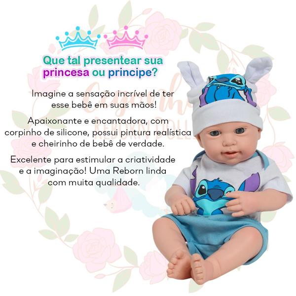 Imagem de Boneco Bebê Reborn Siliconado Articulado C/ Conjunto Stitch