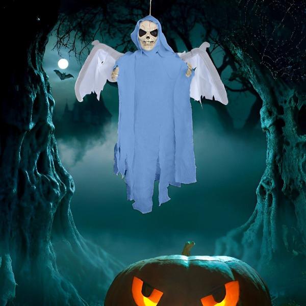 Imagem de Boneco Caveira Halloween Decoração Led Som Noite Festa Monstro Zumbi Morcego Asa Fantasma Horror Branco Assustador Animado Esqueleto 