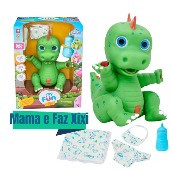 Imagem de Boneco Dinossauro Faz Xixi Verde+Mamadeira Fralda e Babador