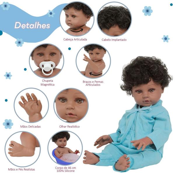 Imagem de Boneco Reborn Bebê Masculino Corpo de Silicone Pijama Azul