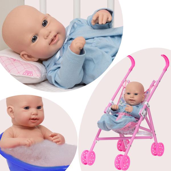 Imagem de Boneco Reborn Careca Olhos Claros 43cm Com Carrinho Infantil