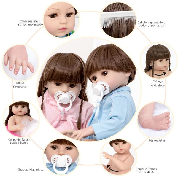 Boneco Reborn Gêmeos Realista 52cm Pode Dar Banho Enxoval - Cegonha Reborn Dolls Imagem de Boneco Reborn Gêmeos Realista 52cm Pode Dar Banho Enxoval