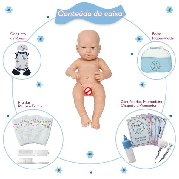 Imagem de Boneco Reborn Luca Careca Conjunto Aviador Completo + Itens