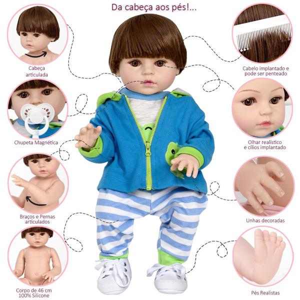 Imagem de Boneco Reborn Masculino Baby Sapinho Com Chupeta 13 Itens