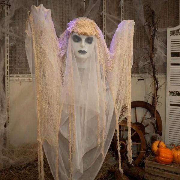 Imagem de Bonecos Halloween Assustador Noiva Fantasma Com Movimento Led E som de Terror Automático Decoração Eletrônica pra Pendurar