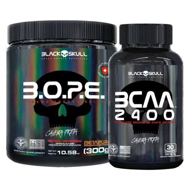 Bope Pré Treino 300g + Bcaa 2400mg 30 Caps Black Skull Imagem de Bope Pré Treino 300g + Bcaa 2400mg 30 Caps Black Skull
