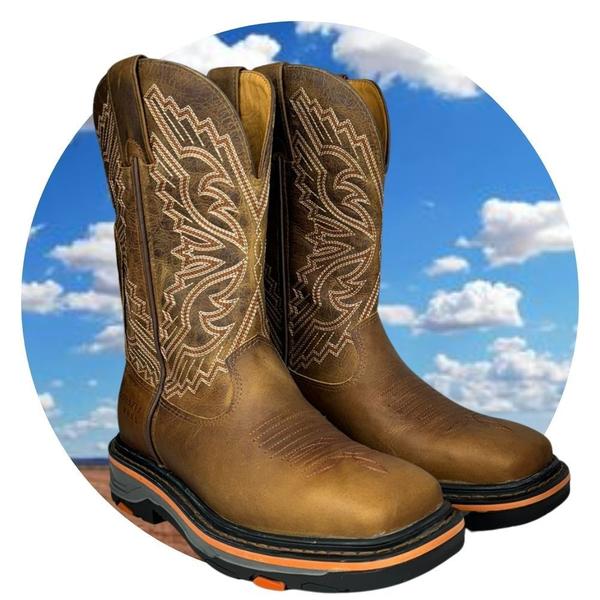 Imagem de Bota Country De Cowboy Marrom Bico Quadrado Palmilha Em Gel 100% Couro Original Goyazes R.247403-CK