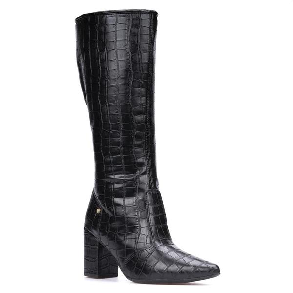 Bota Feminina Animal Print Cano Longo Bico Fino Salto Grosso - Domidona Bota Feminina Animal Print Cano Longo Bico Fino Salto Grosso - Domidona