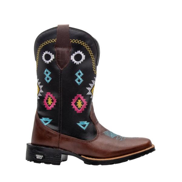 Bota Texana Western Feminina Texas Gold Bordado Xadrez Couro Bico