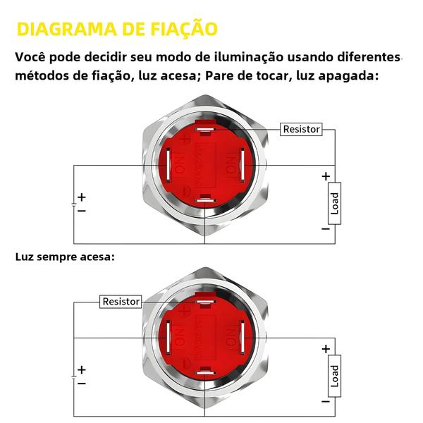 Imagem de Botão de Buzina de Metal 12V 20A 16mm com LED Azul - Interruptor Momentâneo