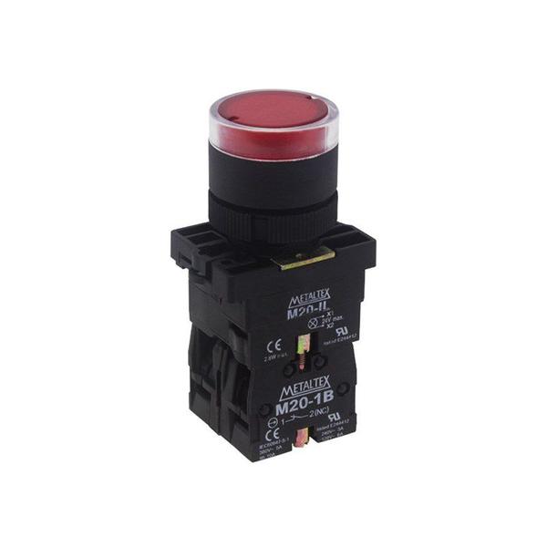 Imagem de Botão de Impulsão Iluminado 22mm 1NA+1NF P20IGR-R7-1C Vermelho Metaltex