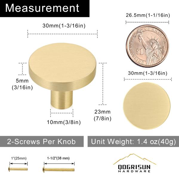 Imagem de Botões de gabinete QOGRISUN Solid Brass, pacote com 10 unidades, acabamento em latão escovado