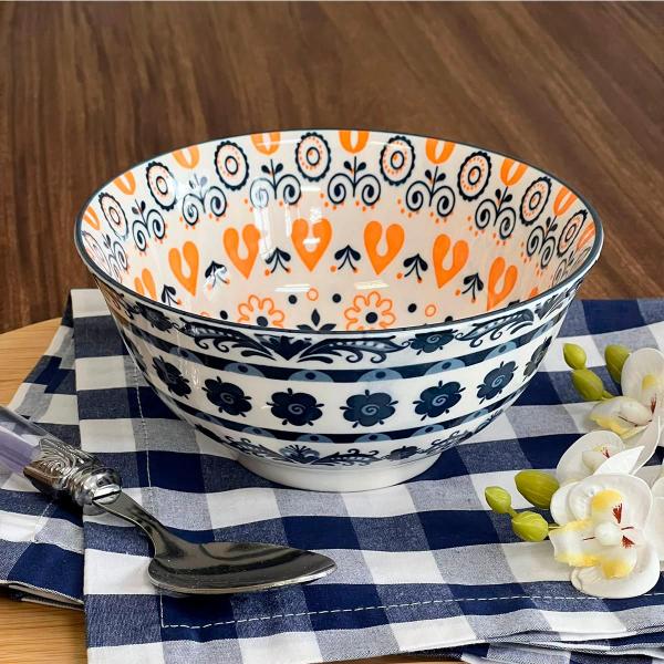 Imagem de Bowl Cerâmica Floral Azul e Laranja 15,5x7,5cm 600ml 1 unid