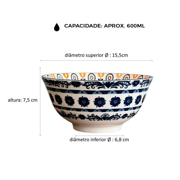 Imagem de Bowl Cerâmica Floral Azul e Laranja 15,5x7,5cm 600ml 1 unid