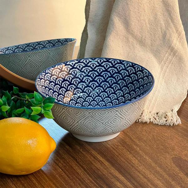 Imagem de Bowl Pote em Cerâmica Escamas Azul e Branco 600ml - 1 unid.