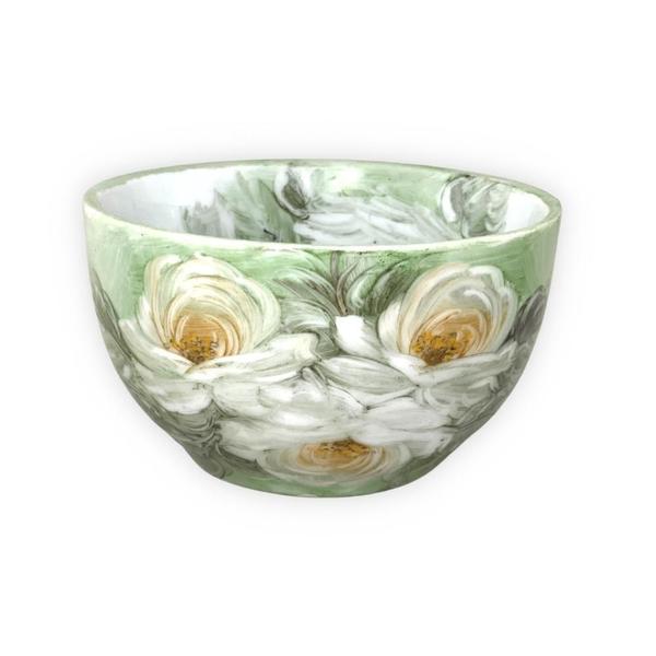 Imagem de Bowl Tigela Japonesa Cumbuca de Porcelana Cereal Açai 500 ml Pintada à Mão ROSAS BRANCA - VERDE