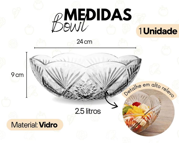 Imagem de Bowl Vidro Grosso 2,5 Litros Detalhes Alto Relevo 24Cm